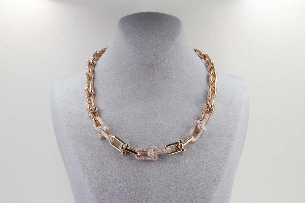 [Reverie Jewels]HARDWEAR GRADUATED LINK NECKLACE ROSE GOLD WITH PAVE DIAMONDS