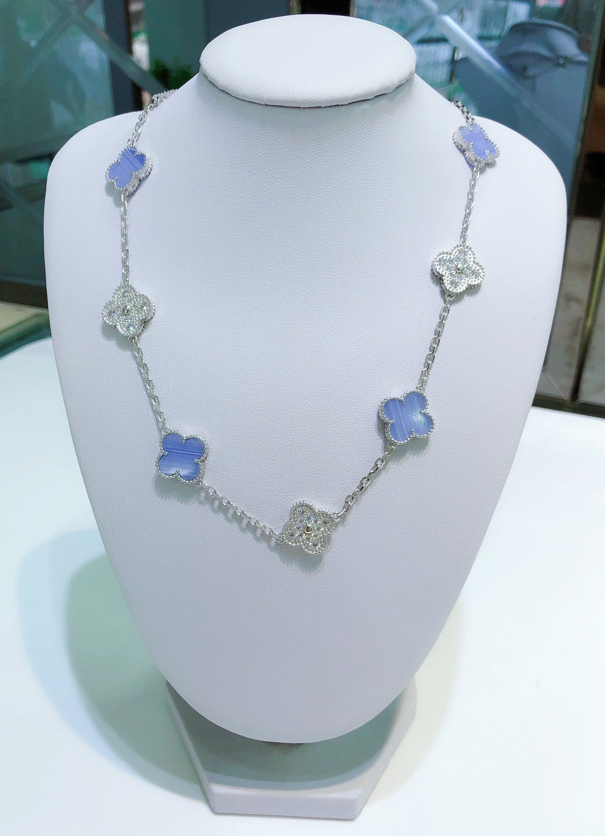 [⭐Reverie Jewels]CLOVER 10 MOTIFS CHALCEDONY DIAMONDS SILVER NECKLACE
