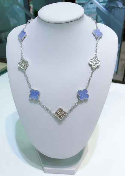 [⭐Reverie Jewels]CLOVER 10 MOTIFS CHALCEDONY DIAMONDS SILVER NECKLACE