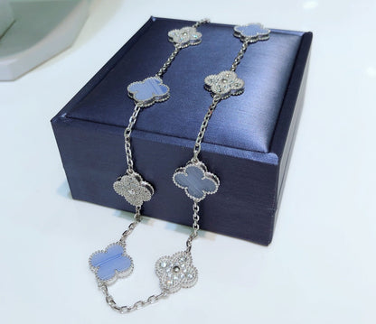 [⭐Reverie Jewels]CLOVER 10 MOTIFS CHALCEDONY DIAMONDS SILVER NECKLACE
