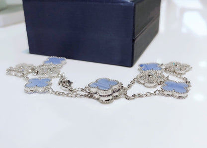 [⭐Reverie Jewels]CLOVER 10 MOTIFS CHALCEDONY DIAMONDS SILVER NECKLACE