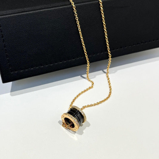 [⭐Reverie Jewels]ZERO 1 BLACK CERAMIC DIAMOND PINK GOLD NECKLACE